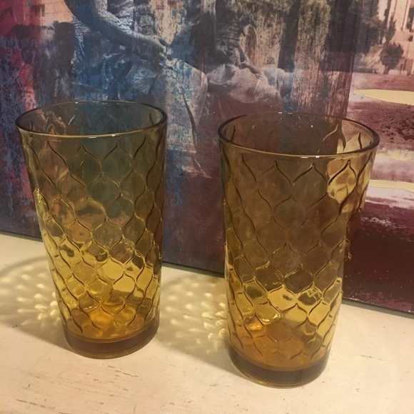 Vintage Anchor Hocking Amber Glass Diamond Scale Pattern Drinking Cups Tumblers - Picture 3 of 7
